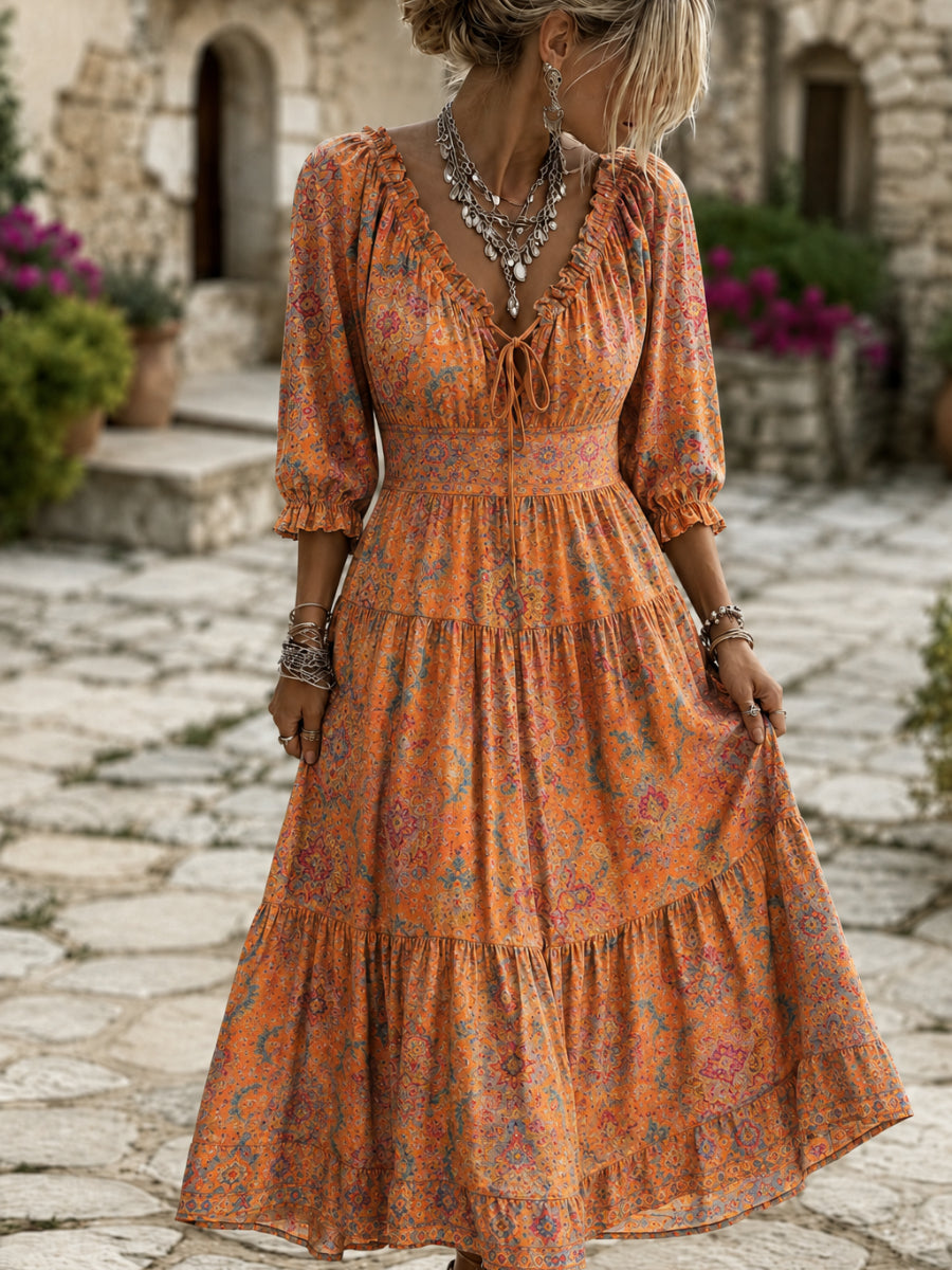 Retro Floral Art Print V-Neck Midi Dress